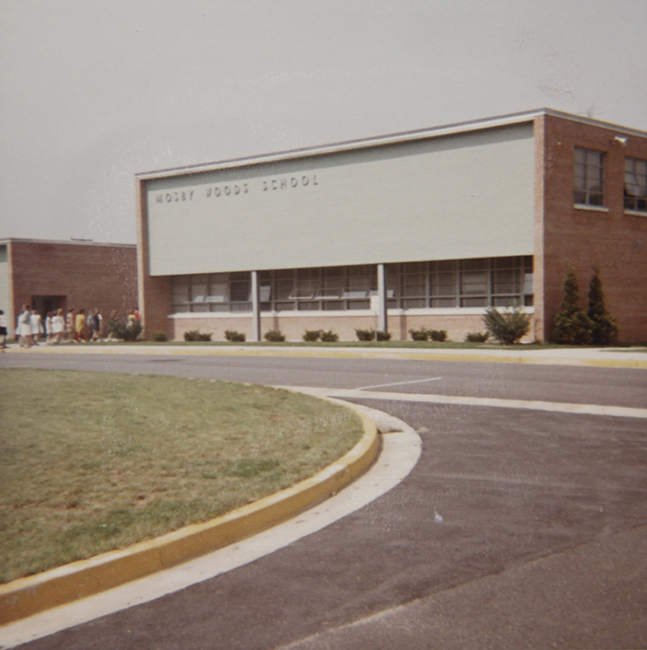 Photograph of the front entrance of Mosby Woods Elementary School taken in the fall of 1966.