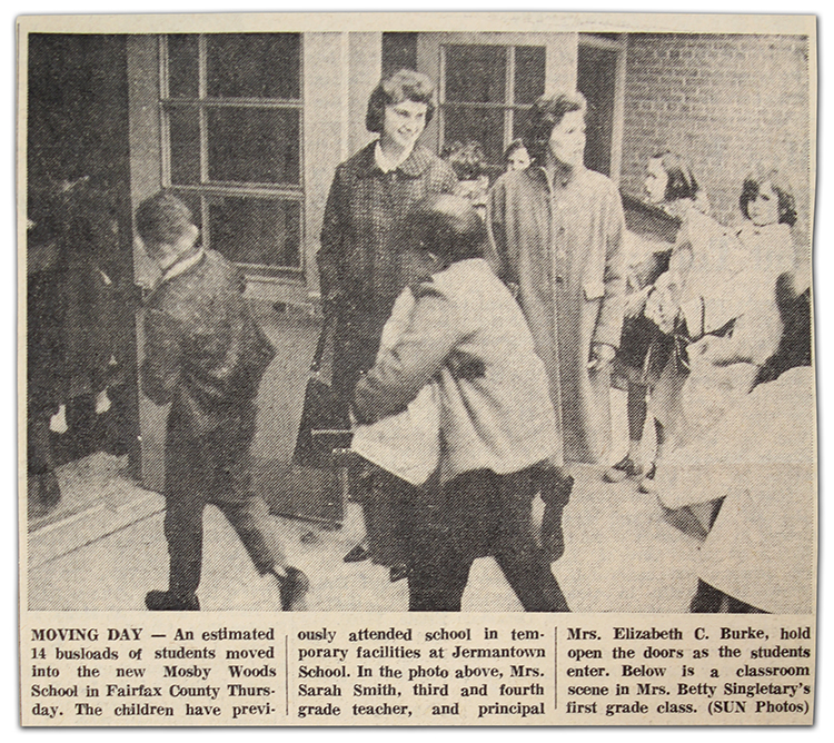 Photograph of a newspaper article describing the opening of Mosby Woods Elementary School in December 1963.